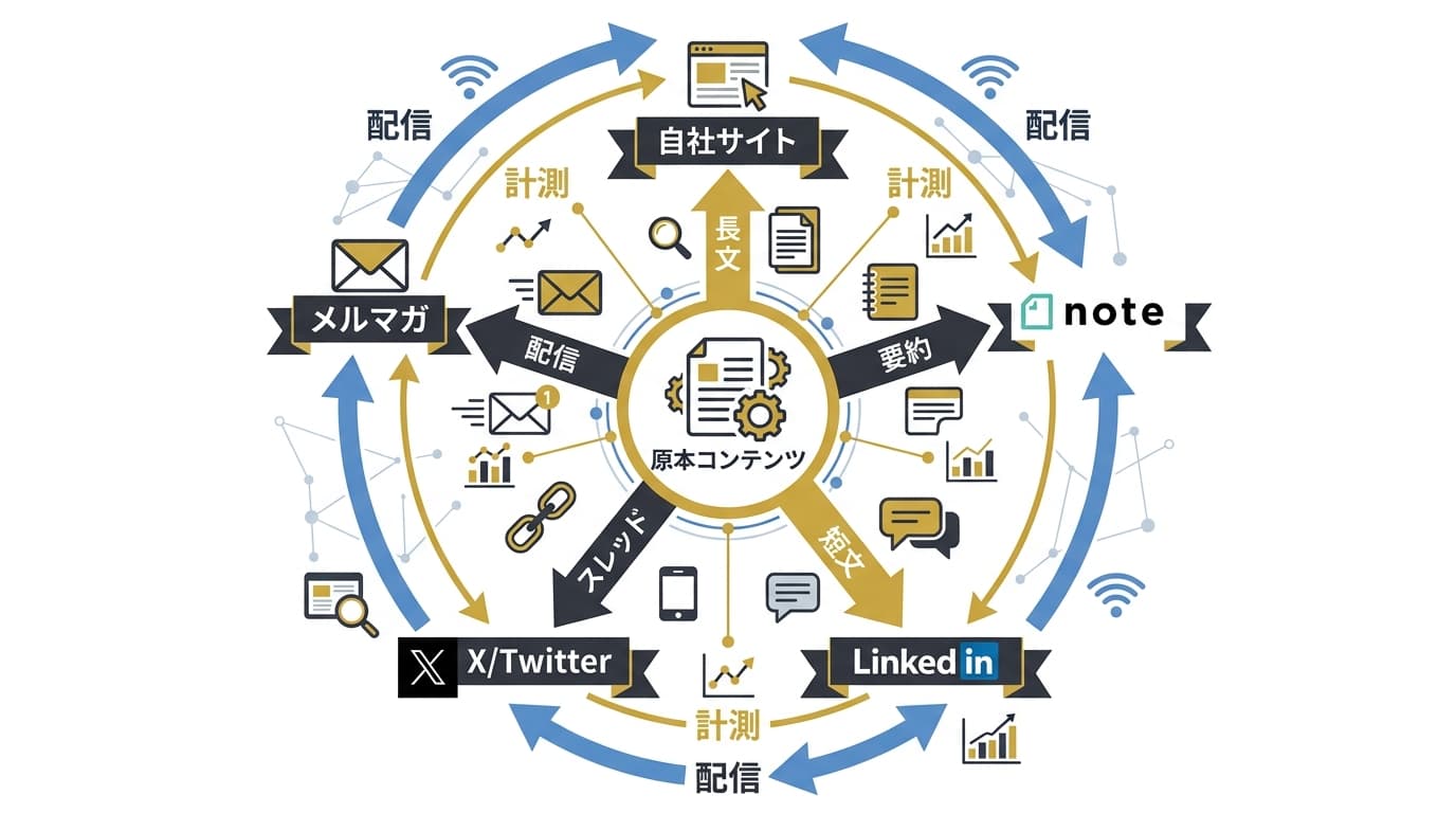 自社サイト・note・SNSの3層統合配信アーキテクチャとチャネル間の流れを示すインフォグラフィック