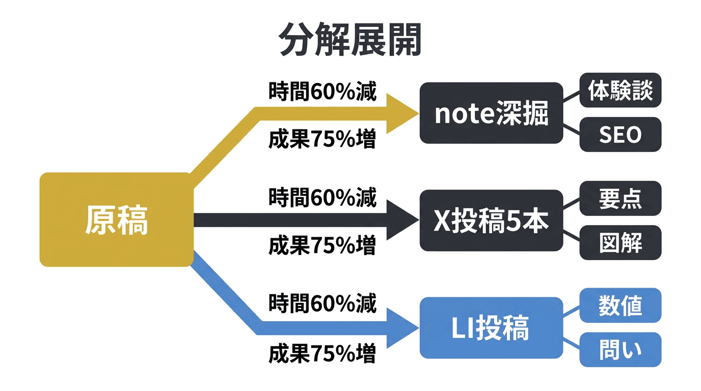 1本のピラー記事から3チャネルへの派生コンテンツ展開を示すインフォグラフィック