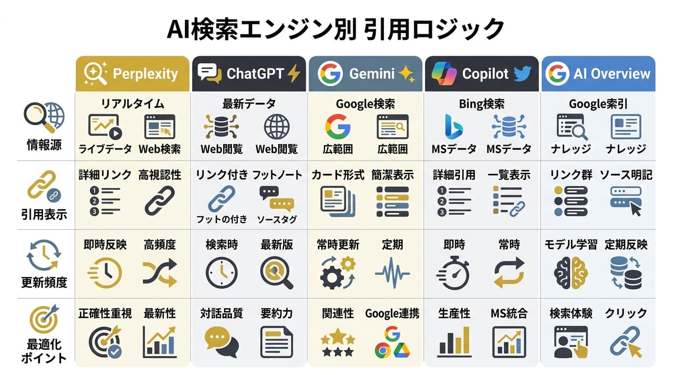 AI検索エンジン別の引用ロジック比較インフォグラフィック