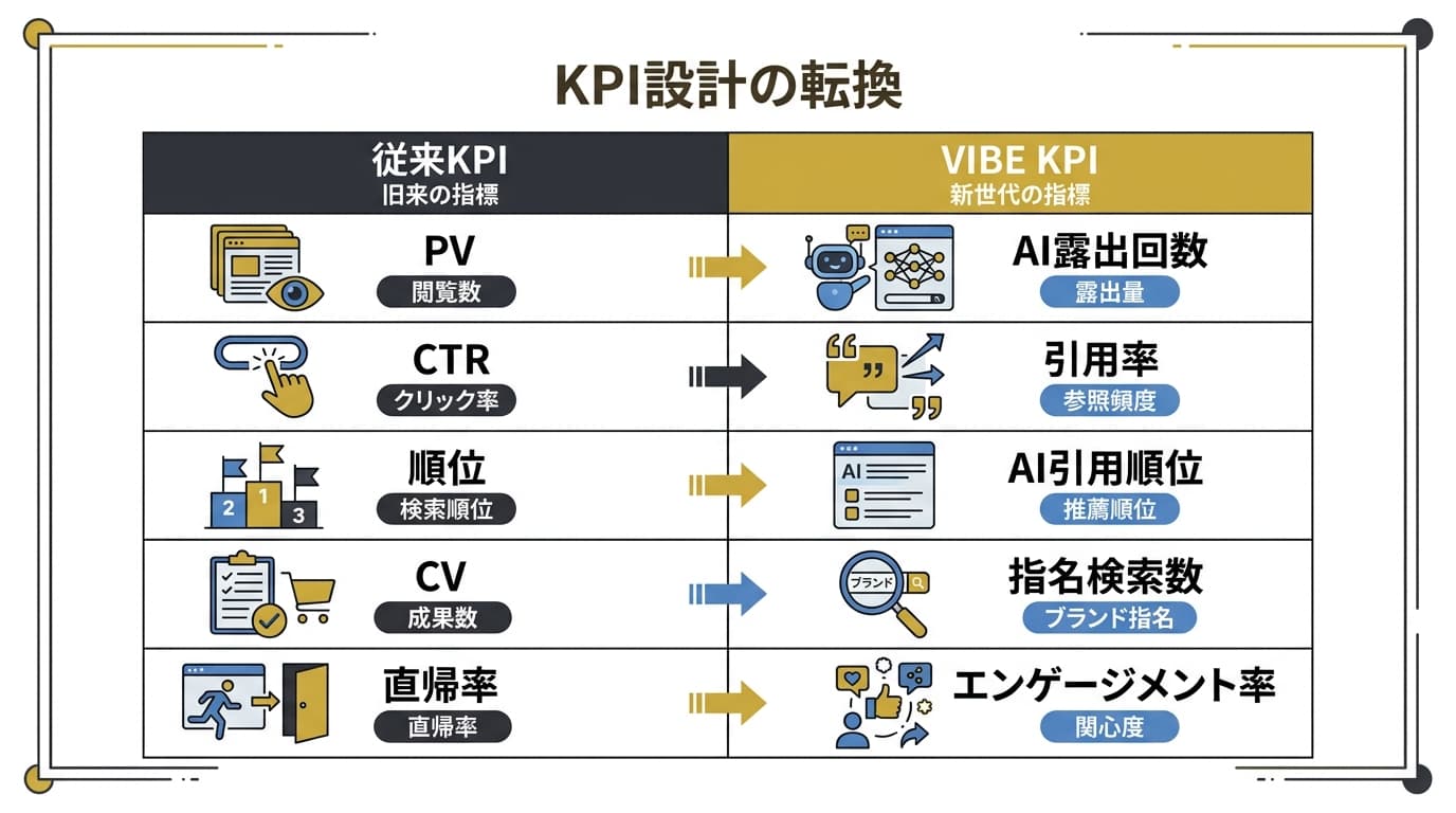 従来SEO KPI vs VIBE KPIの比較表