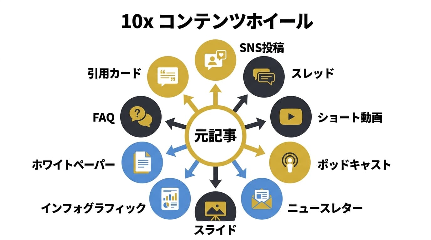 10x Content Wheel: 1記事→10コンテンツ変換マップ