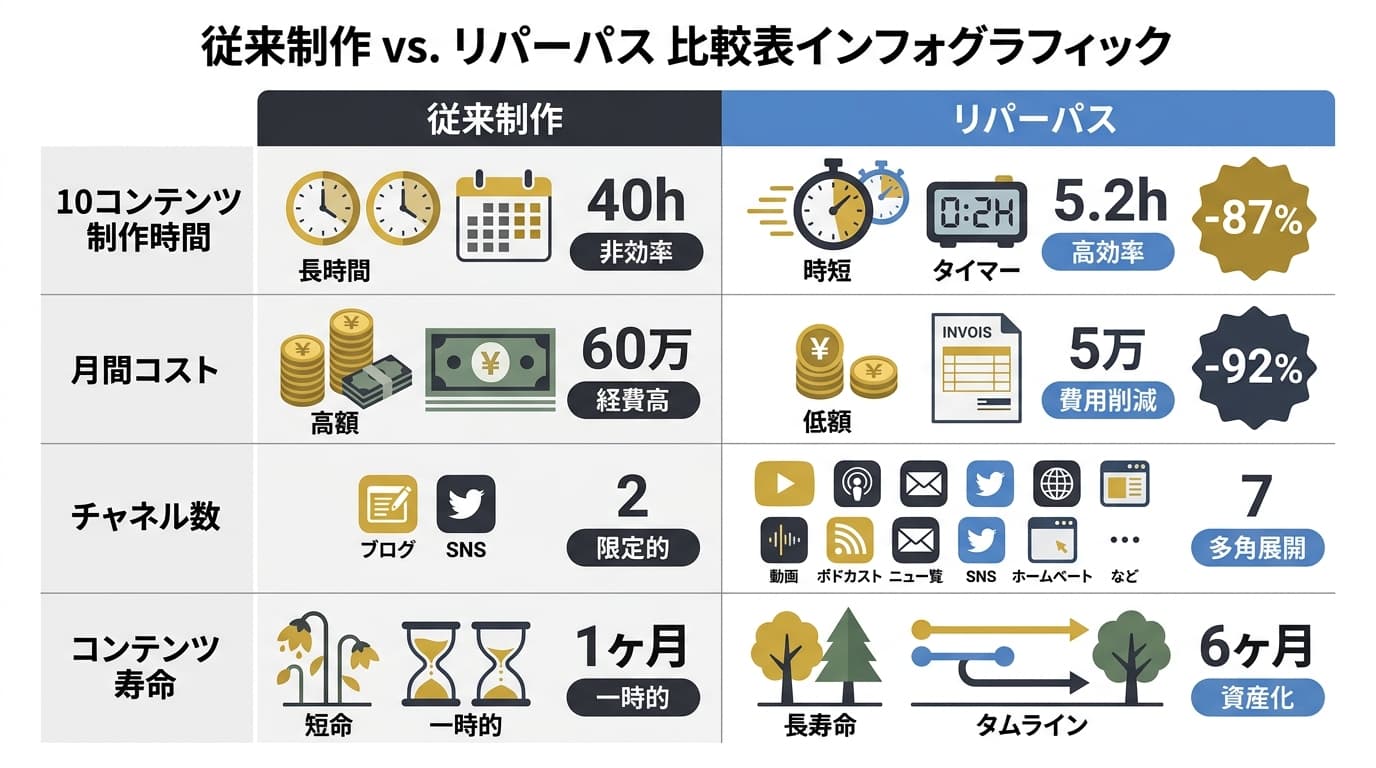 従来制作vsリパーパスのROI比較