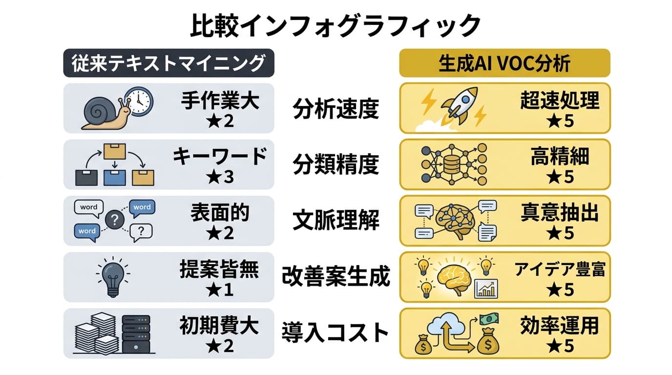 従来テキストマイニングvs生成AI VOC分析の比較