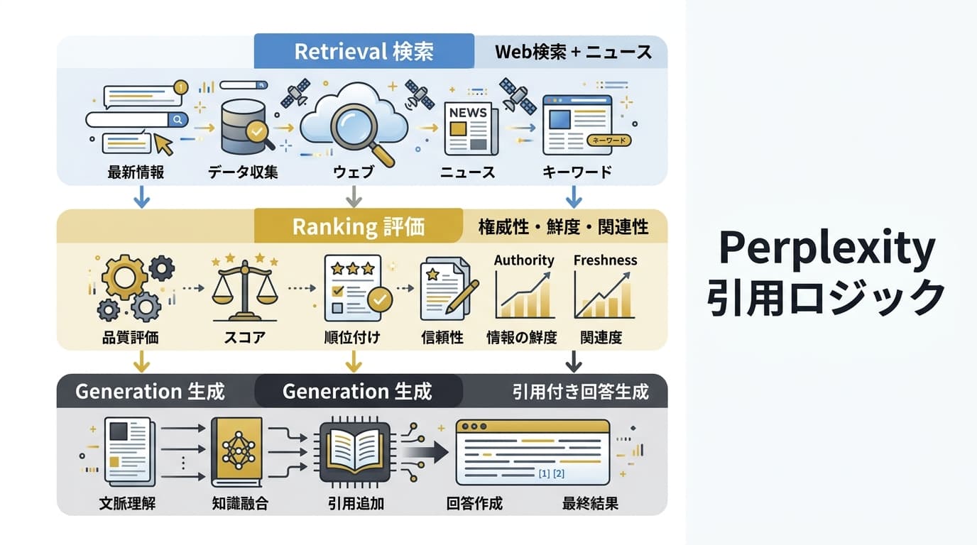 Perplexityの引用ロジック3レイヤー解析図