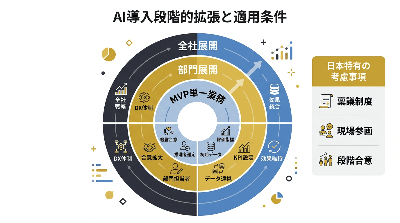 AI導入の段階拡張と日本企業での適用条件を示すインフォグラフィック