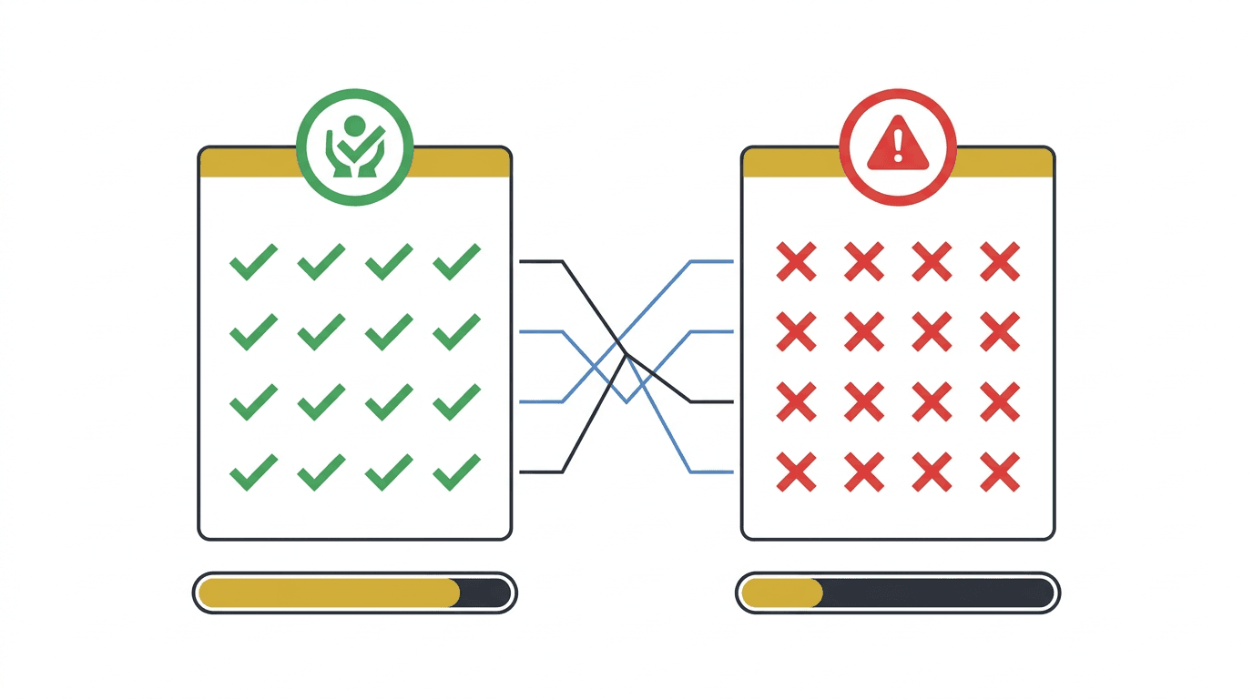 レッドフラグとグリーンフラグによるベンダー評価の対比を示す概念図