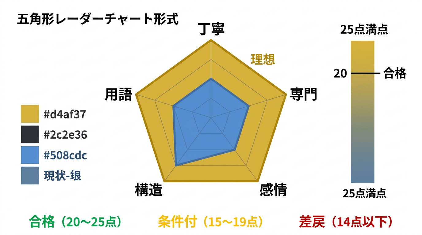 5軸文体ルブリックの構造とスコアリングを示すインフォグラフィック