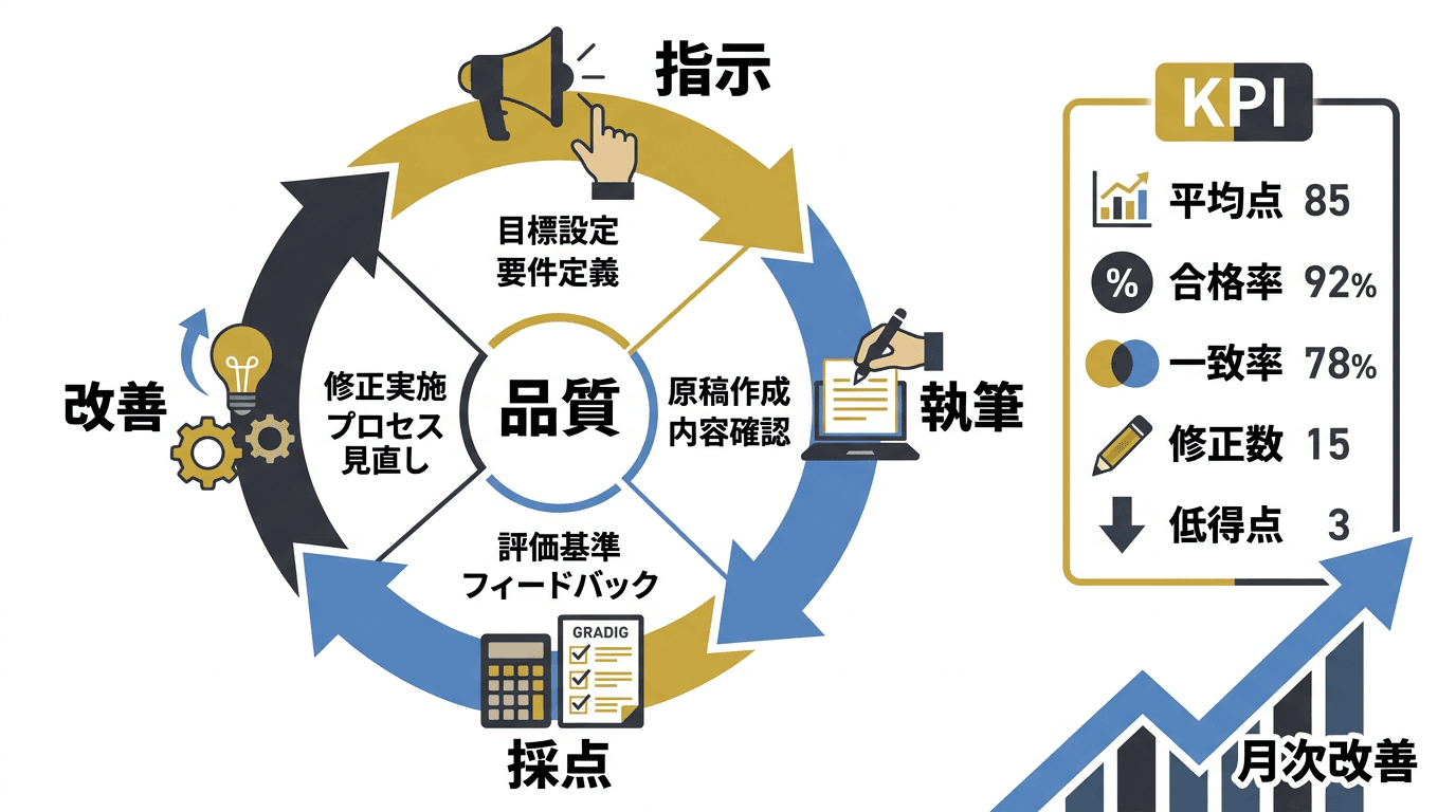 ブランド文体品質管理の運用サイクルとKPI追跡を示すインフォグラフィック