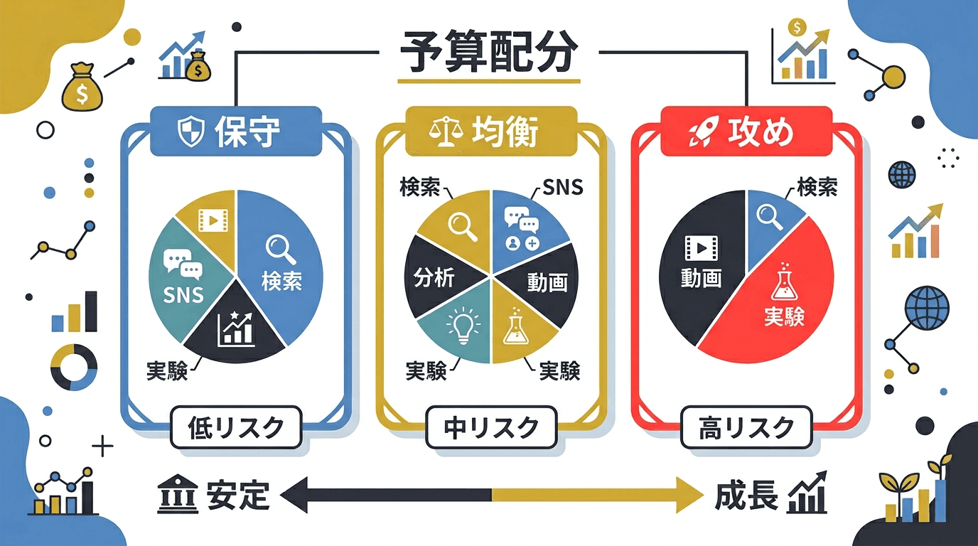 マーケティング予算配分の3シナリオとポートフォリオ分散を示すインフォグラフィック