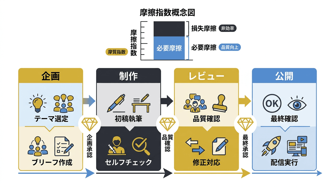 コンテンツ受渡しワークフローの4ステップ構造と品質ゲートを示すインフォグラフィック