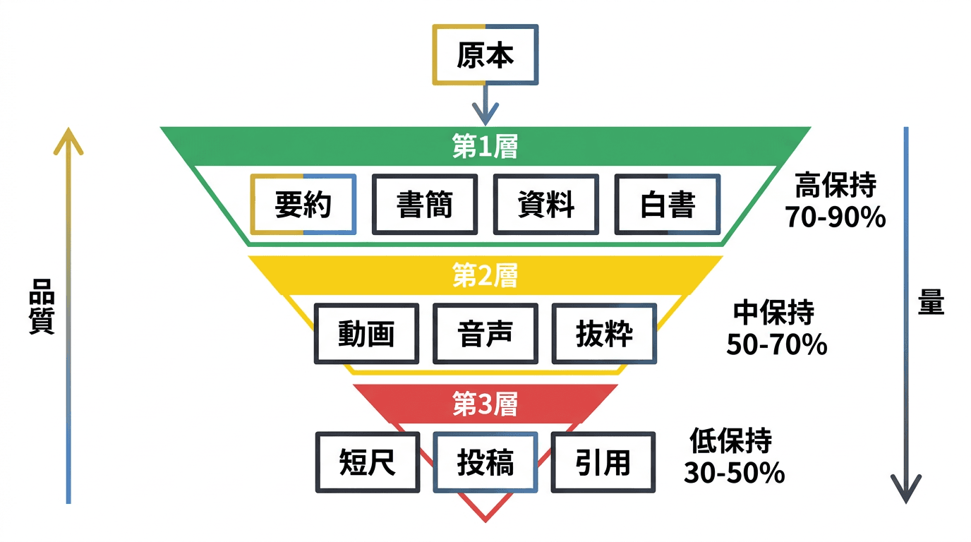 コンテンツ変換ヒエラルキーの3層構造を示すインフォグラフィック