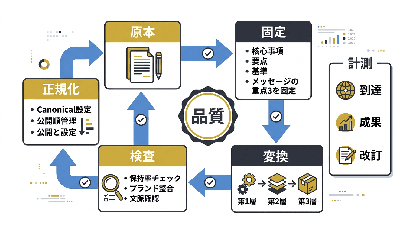 コンテンツ再利用ワークフローの品質管理ポイントを示すインフォグラフィック