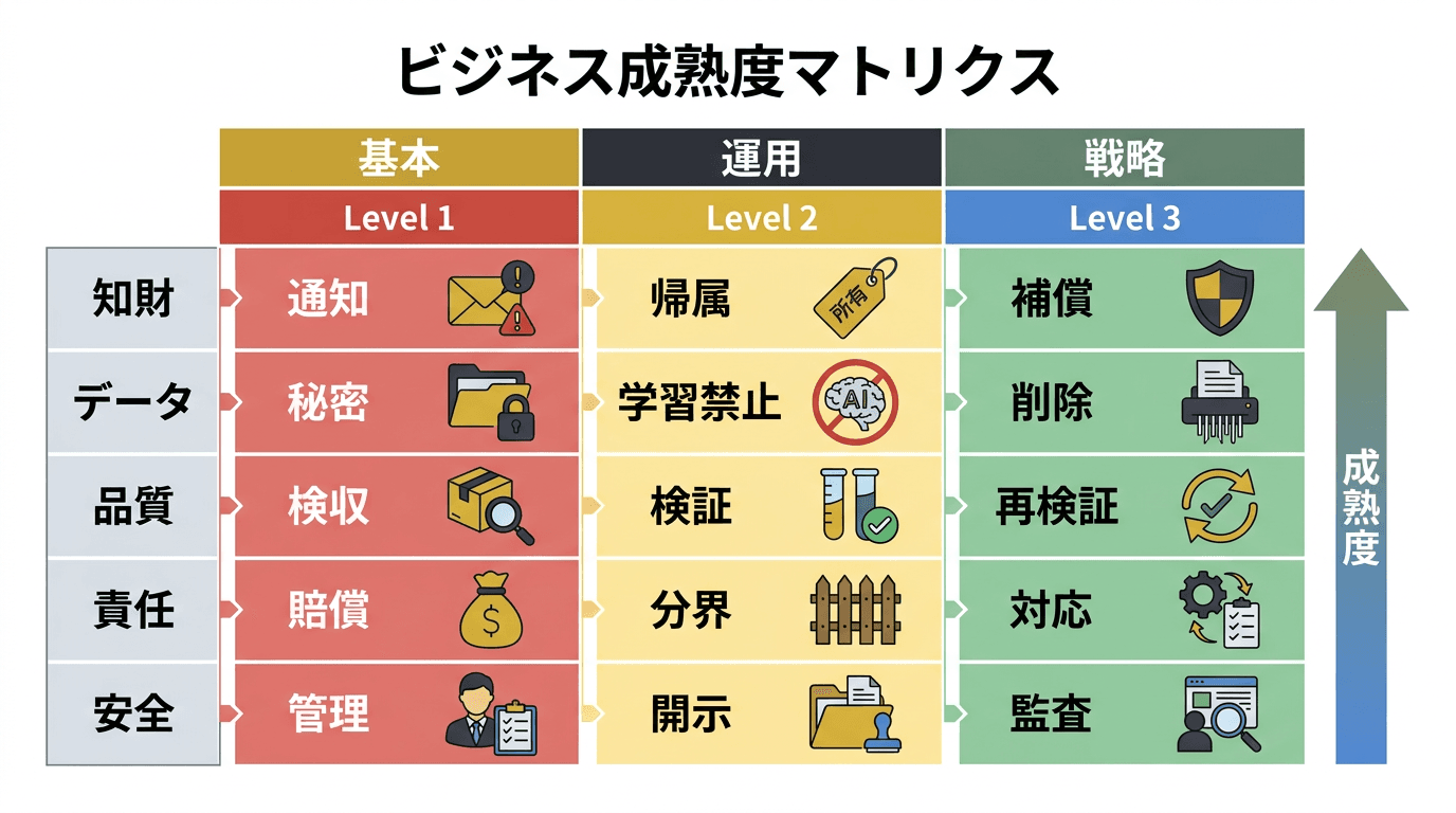 AI条項成熟度モデルの5カテゴリ3段階を示す概念図