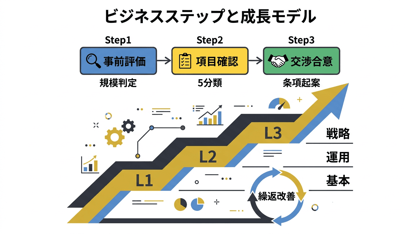 契約レビューの3フェーズと成熟度レベルの段階的向上を示す概念図