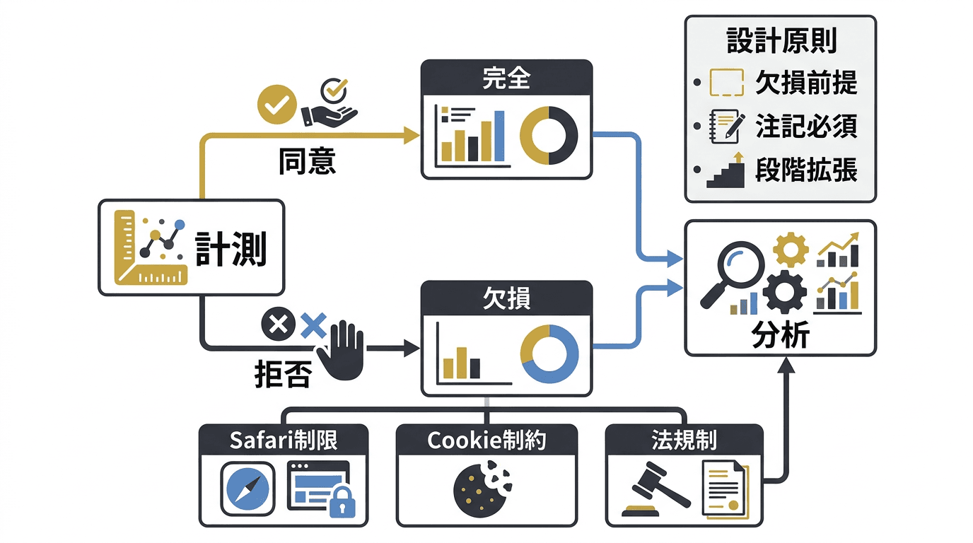 コンバージョン計測における同意管理とデータ欠損の構造を示すインフォグラフィック