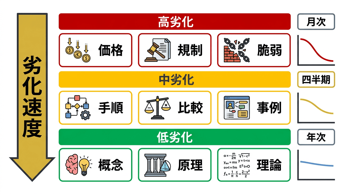 コンテンツ劣化速度の3層分類と鮮度管理システムを示すインフォグラフィック