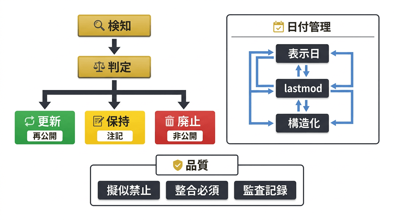 コンテンツ再点検の3分岐判定と日付メタデータ管理を示すインフォグラフィック