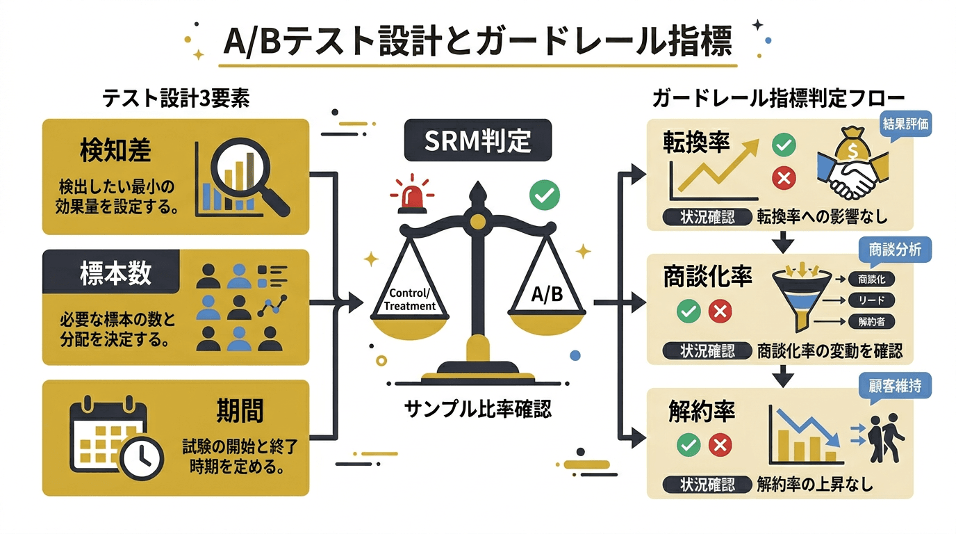 A/Bテスト設計と結果解釈のガードレール指標を示すインフォグラフィック