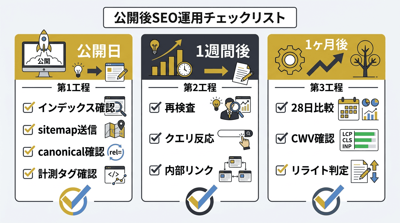公開後SEO運用チェックリストの3段階タイムラインを示すインフォグラフィック