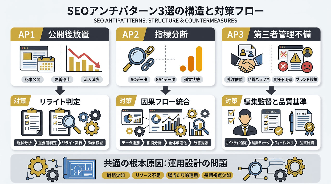 SEOアンチパターンの構造と対策フローを示すインフォグラフィック